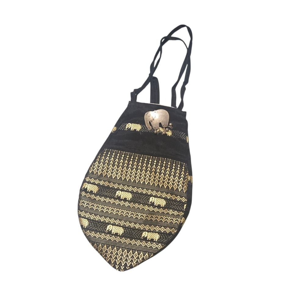 Elephant Embroidered Wristlet Clutch Black Gold Boho Beaded Reversible Purse